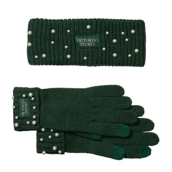 VS Green White Faux Pearl Knit Headband Ear Warmer & Gloves Gift set - Picture 1 of 7